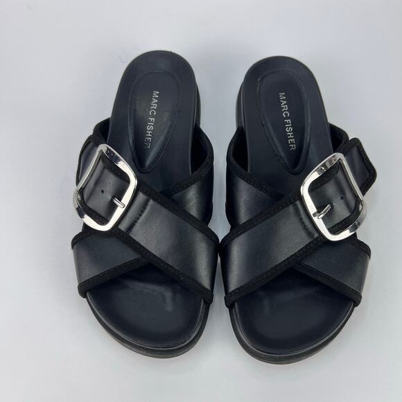 Marc Fisher Black Faux Leather Cross Cross Big Buckle Slide Sandals 7 - Picture 1 of 10